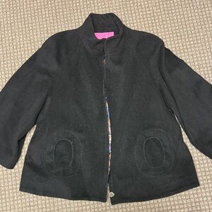 Betsey Johnson Black Wool Jacket with Floral Lining sz XL